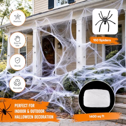 1400 Sqft Halloween Spider Web Decorations with 150 Fake Spiders - Creepy Haunted House Decor