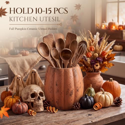 Hushee Fall Pumpkin Ceramic Utensil Holder - Minimalist Terracotta Design