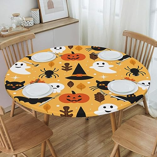 Halloween Ghost Pumpkin Round Fitted Waterproof Tablecloth - 44 Inch Elastic Edged for Indoor Outdoor Use