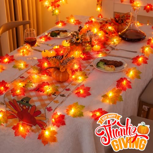 Lighted Fall Garland with 4-Color Maple Leaves - 20ft Battery-Operated Halloween Thanksgiving Decor - 2 Pack