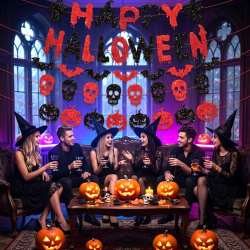 Halloween Banner with Glitter Bat Skull Pumpkin Decor - Pre-Strung Party Garland