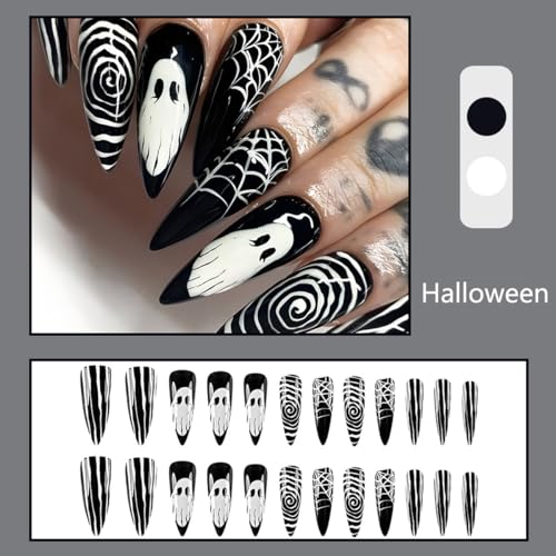 Halloween Ghost Press On Nails Long Pointed Fake Nails with Spider Web & Stripe Designs - Variation 11