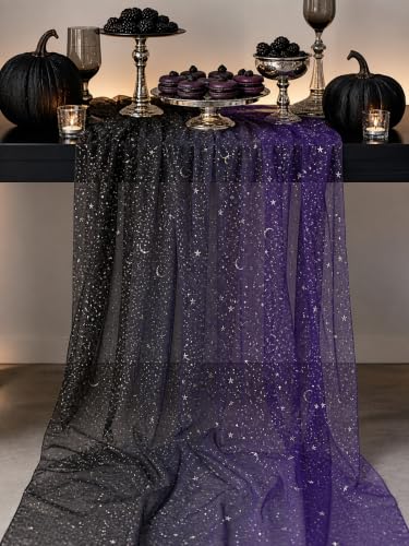 Black & Purple Sequin Sheer Table Runner 120 Inch 6PCS - Boho Wedding Holiday Decor