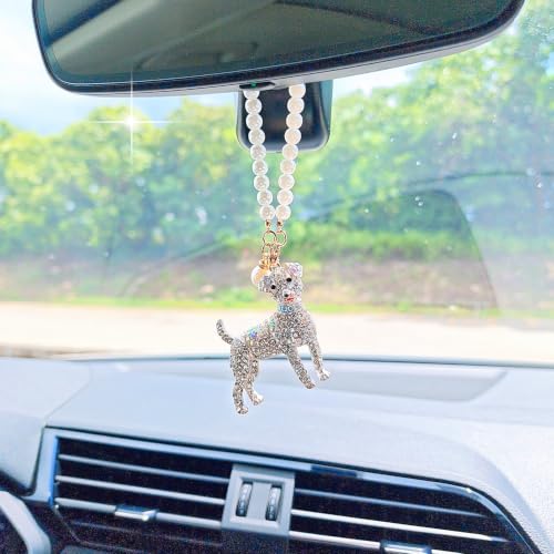 White Sparkling Dog Car Mirror Hanging Ornament with Pearl Chain - Bling Rearview Mirror Accessory