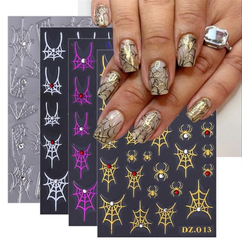 Halloween Spider Web Nail Stickers Set - 4 Sheets Self-Adhesive 3D Decals with Rhinestones - Spider Web Design for Nails - Variation 1