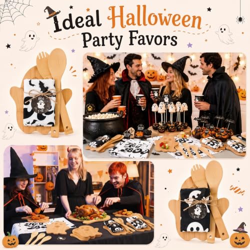 Halloween Ghost Kitchen Gift Set - 37 Pcs Bamboo Cutting Boards Towels Spoons - Ghost Theme