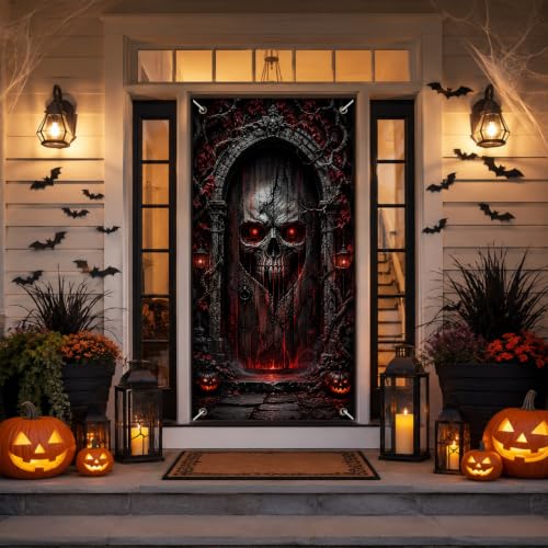 Halloween Glowing Skull Door Cover - Dark Gothic Gate Decoration 35x71 Inch