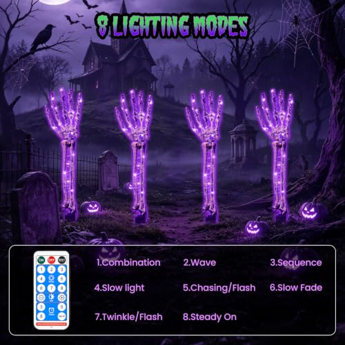 Outdoor Halloween Skeleton Arm String Lights - 120 LED Purple & Green Lights with Remote & 8 Modes, Waterproof Lawn Decor