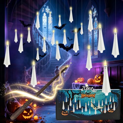 White 20 Pcs Halloween Ghost Flameless Floating Candles with Wand Remote Timer - Indoor & Outdoor Decor