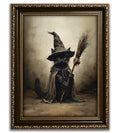 Witch Cat Framed Canvas Wall Art - Halloween Gothic Black Cat Decor 16x12in