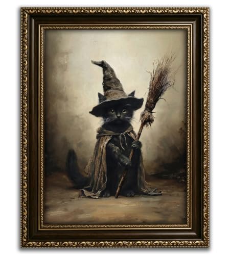 Witch Cat Framed Canvas Wall Art - Halloween Gothic Black Cat Decor 16x12in
