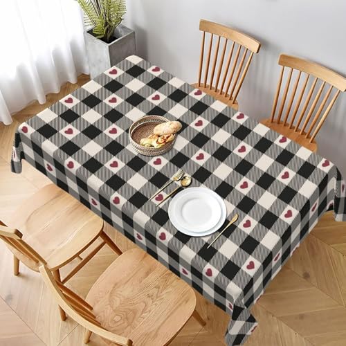 BETGINY Checkered Valentine Tablecloth 60x104 Inch Black & Red Heart Pattern