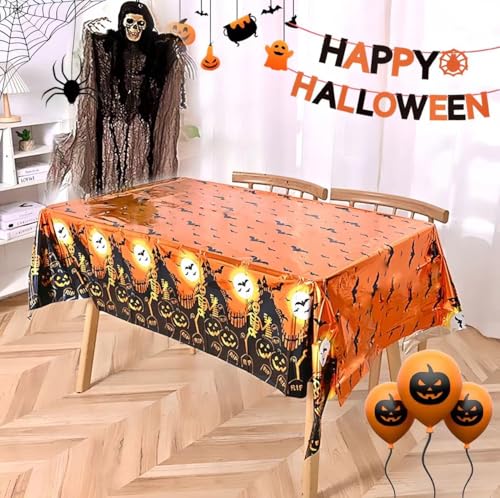 Halloween Tablecloth Set with Banner - 54x72 Inch Plastic Cover Party Supplies