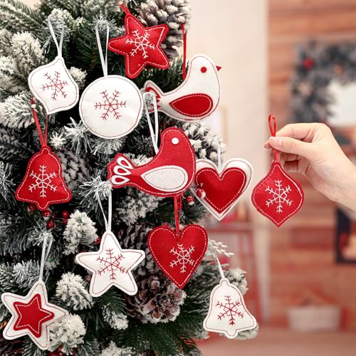 Christmas Felt Ornaments Set - 12 Assorted 3D Snowflake & Holiday Decorations, Red & White Variation