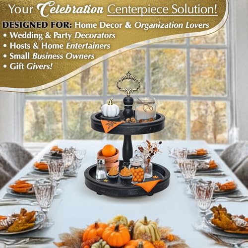 12.6 Inch Black 2-Tier Rustic Tray Stand with 3 Changeable Handles for Kitchen & Home Decor