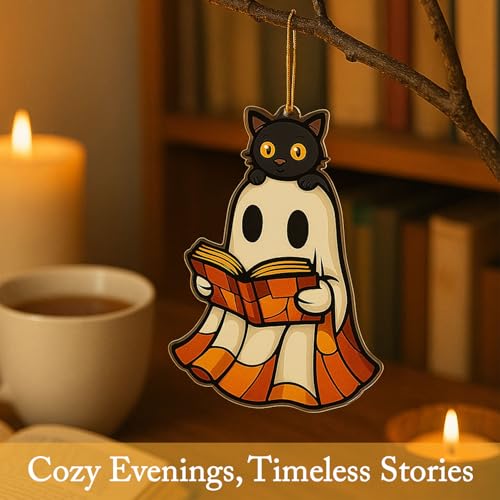 Ghost Reading Book Ornament - Halloween Decor for Book Lovers, Gift Idea