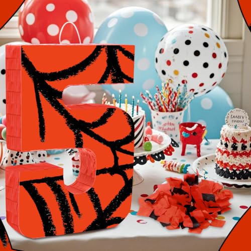 Number 5 Spider Piñata Bundle with Blindfold and Bat for Birthday Party - Small 15.75 x 11 in