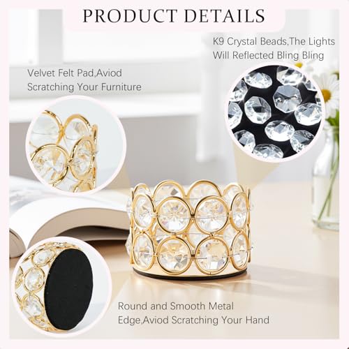 Gold Crystal Tea Light Candle Holders Pack of 12 for Wedding & Event Decor - Handmade K9 Crystal Beads - Elegant Home & Party Centerpiece - Gold / 12