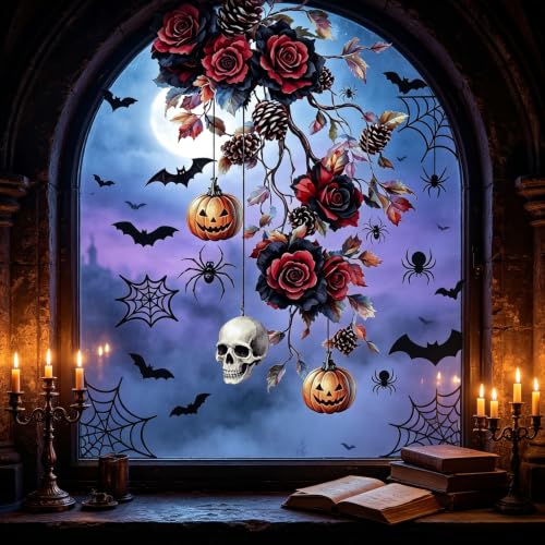 Halloween Red Rose Window Clings - Pumpkin Skull Stickers for Windows - Variation: Halloween Flower5