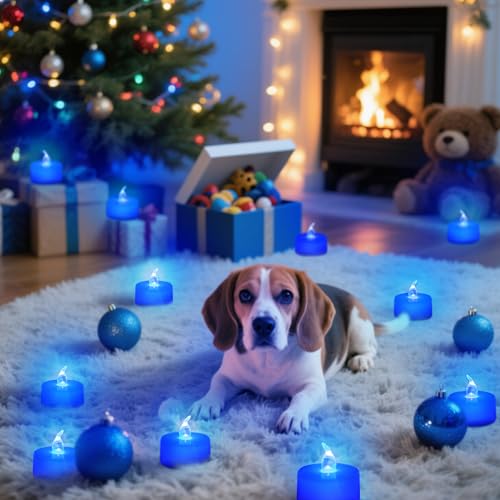 Battery Operated LED Tea Lights - Flickering Flameless Candles, 24 Pack, Blue Base, 200+ Hours