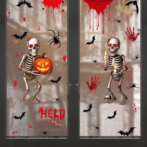 Gkeleton White Skeleton Halloween Window Clings - Double-Sided Skeleton Decals, 4 Sheets & 4 Giant Skeleton Stickers