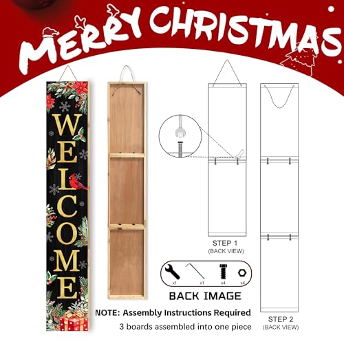Christmas Welcome Sign for Front Porch Standing - Red Holly Xmas Wooden Sign, Rustic Farmhouse Decor