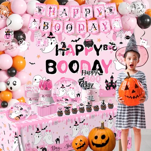 275Pcs Halloween Birthday Party Decorations Pink and Black Set for Kids – Plates, Balloons, Banner & More