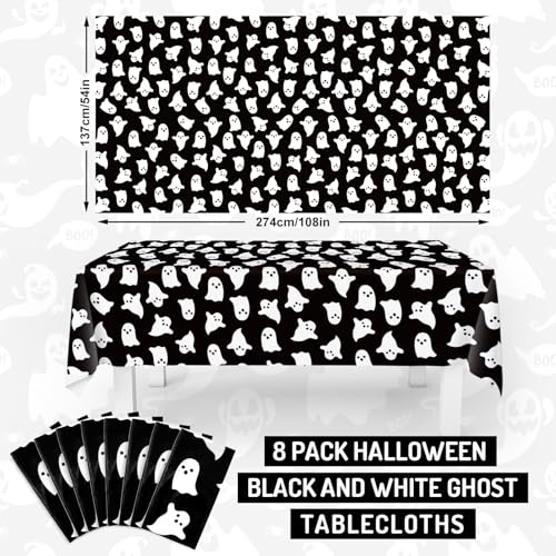Halloween Plastic Tablecloths Black White Ghost Set - 8 Pcs 54 x 108 Inch