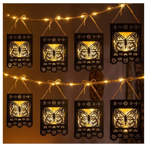 Dia De Los Muertos Paper Lantern Set - 20 Black Papel Picado Decor with Monarch Butterfly Motifs