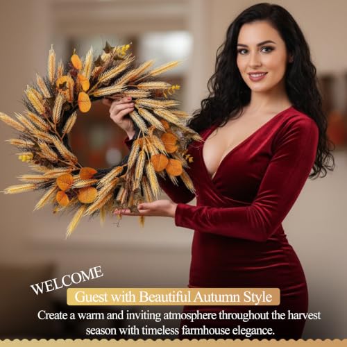 22-Inch Fall Wreath for Front Door with Wheat & Silk Leaves, Rustic Autumn Decor