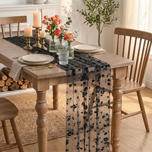 28x120 Black Gauze Flocking Flowers Table Runner 10FT Halloween Dining Decor