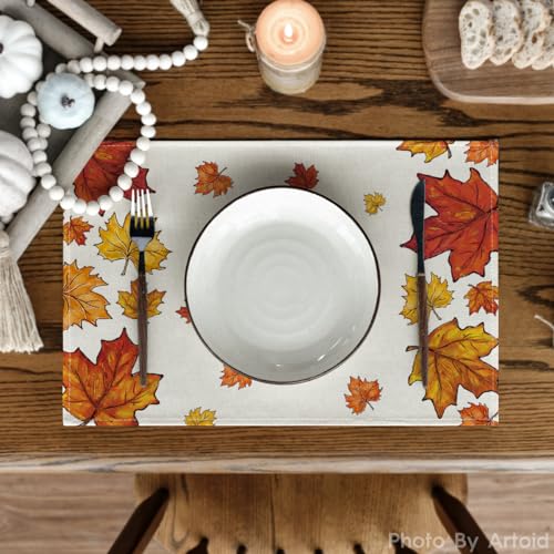 Set of 4 Fall Maple Leaf Placemats - 12 x 18 Inches, Durable Polyester