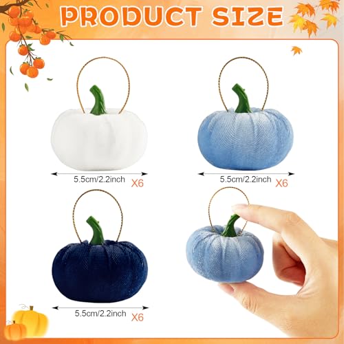 Blue Velvet Fall Pumpkin Hanging Ornaments - 16 Pcs Thanksgiving Decor