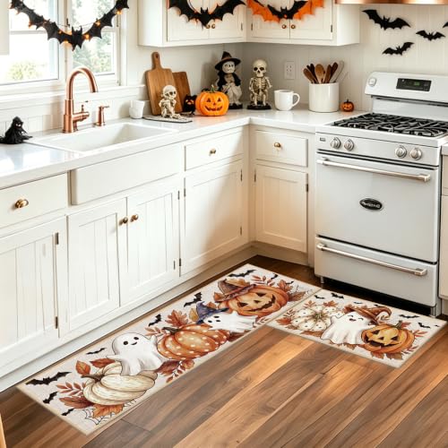 Halloween Kitchen Rugs Set - Cute Ghost Pumpkin Fall Floor Mats, 2 Pieces