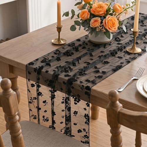 28x120 Black Gauze Flocking Flowers Table Runner 10FT Halloween Dining Decor