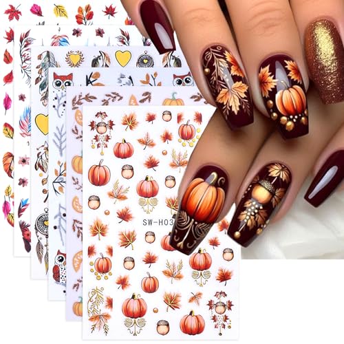 Fall Nail Art Stickers 6 Sheets Autumn Maple Leaf Pumpkin Owl Designs Thanksgiving Decorations