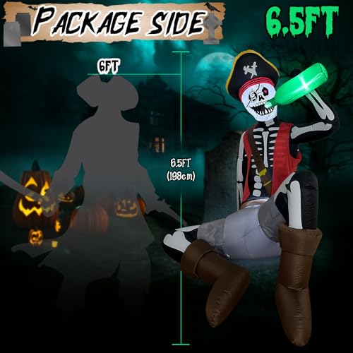 6.5 FT Halloween Inflatable Skeleton Decor with LED Lights, Outdoor Spooky Skeleton with Pirate Theme