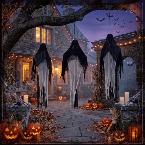 Halloween Ghost Decorations Set - 3 Hanging Grim Skeleton Ghosts Outdoor Indoor