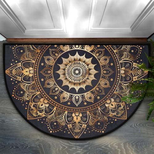 Half Moon Door Mat Mandala Boho Bohemian Black Non Slip Washable 36x24in - A3