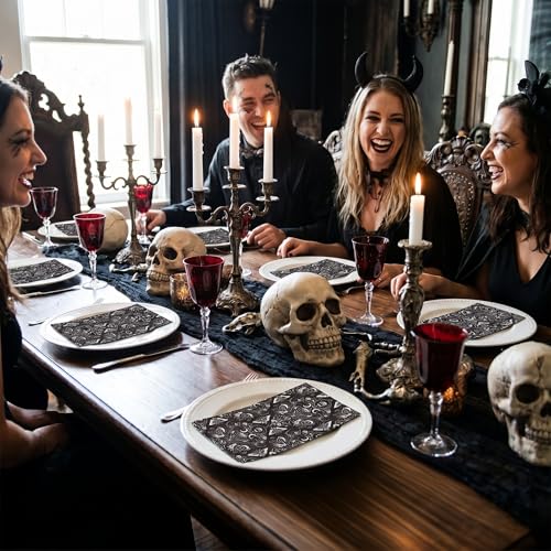 Gothic Halloween Paper Napkins - Black & White Skull Moth Design, 50 Pack