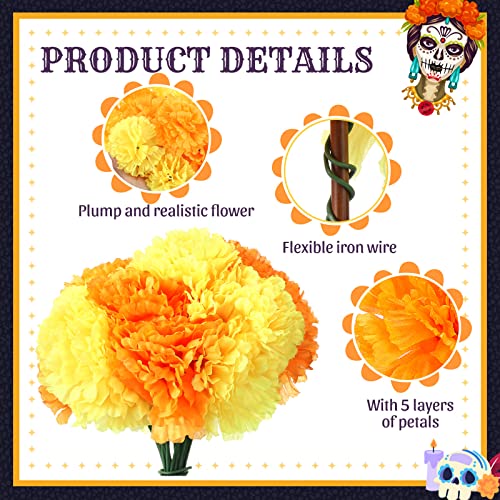 Artificial Silk Marigold Flowers with Stems - Orange & Yellow, 100 Pieces