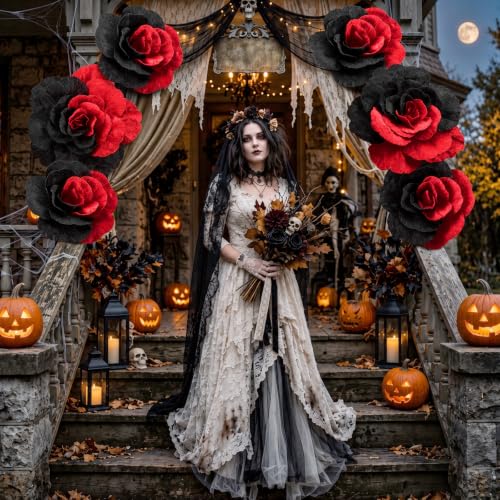 Giant Black and Red Artificial Flowers Roses Velvet Halloween Decor Set - 6 Pieces