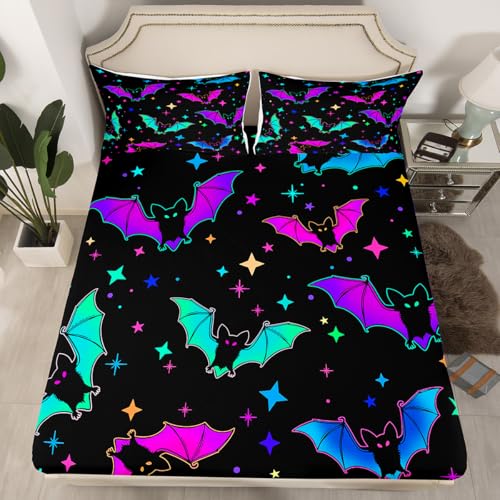 Halloween Bat Bedding Set King Size - Glitter Stars Galaxy Bed Sheets for Kids & Teens - Multi 10