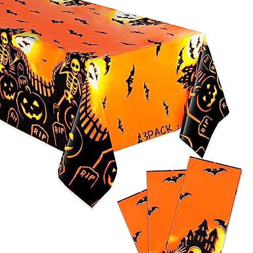 Halloween Haunted House Tablecloth Set - 3 Pcs Spooky Pumpkin Skeleton Table Covers, 54x72 Inch