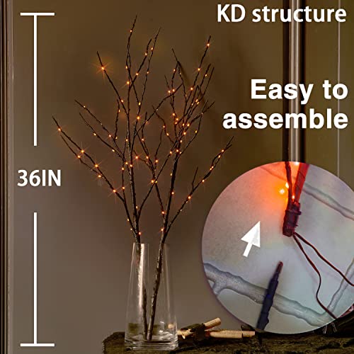 Halloween Lighted Branches with Timer - 100 LED Orange Fairy Lights - Black Tree Branches 32 Inch - Battery Operated - Variation of 100LEDs Orange Branches