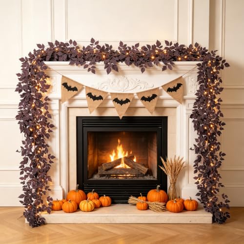 9FT Artificial Plum Cimicifuga Seeded Garland with 100 LED Lights - Fall Decor, Halloween & Thanksgiving