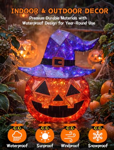 Outdoor Lighted Pumpkin Decorations with Witch Hat - 24 Inch Halloween Yard Decor