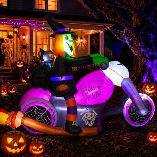 7FT Halloween Inflatable Witch on Motorcycle with Black Cat - Outdoor Yard Decor - Biker Witch Variation