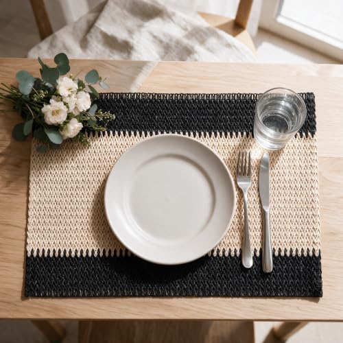 Black Paper Woven Stripe Placemats Set of 4 - 12x18 Inch