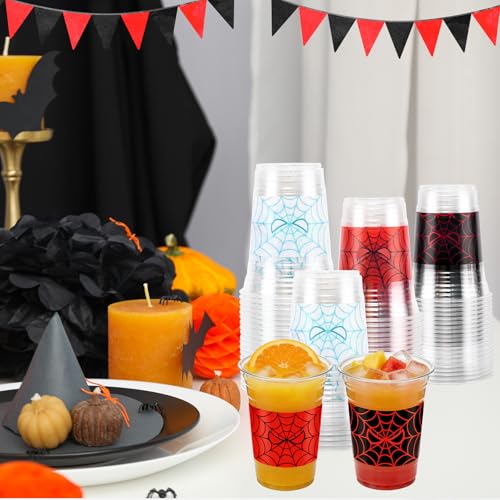 Red Blue Spider Web Plastic Cups 16oz - Birthday Party Decoration, 60 Pack